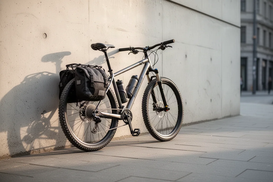 Mountain bike encostada em uma parede em uma rua de deslocamento pela manhã