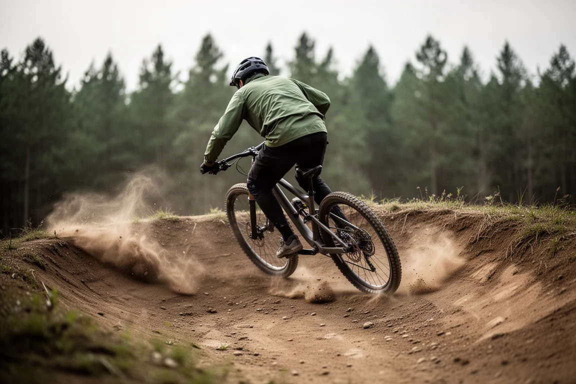 Mountain biker fazendo uma curva forte em uma trilha com berma e poeira levantando
