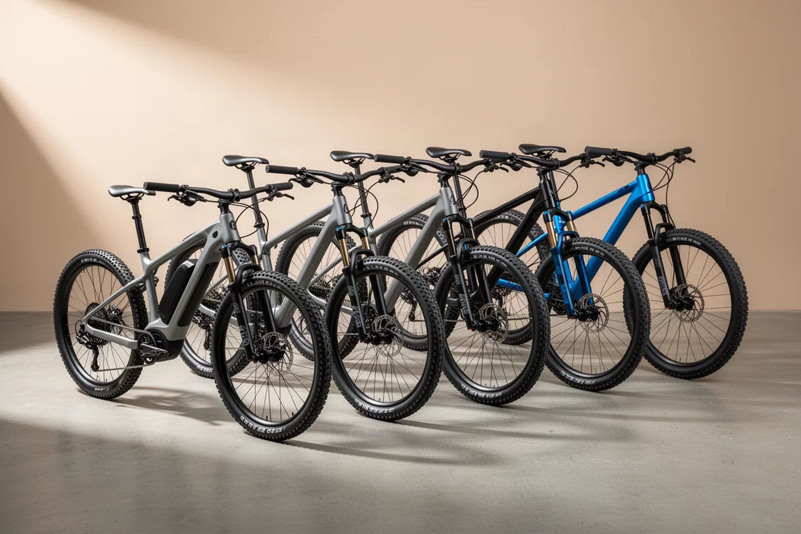 Fem budgetmountainbikes uppradade på en betongyta i studioljus