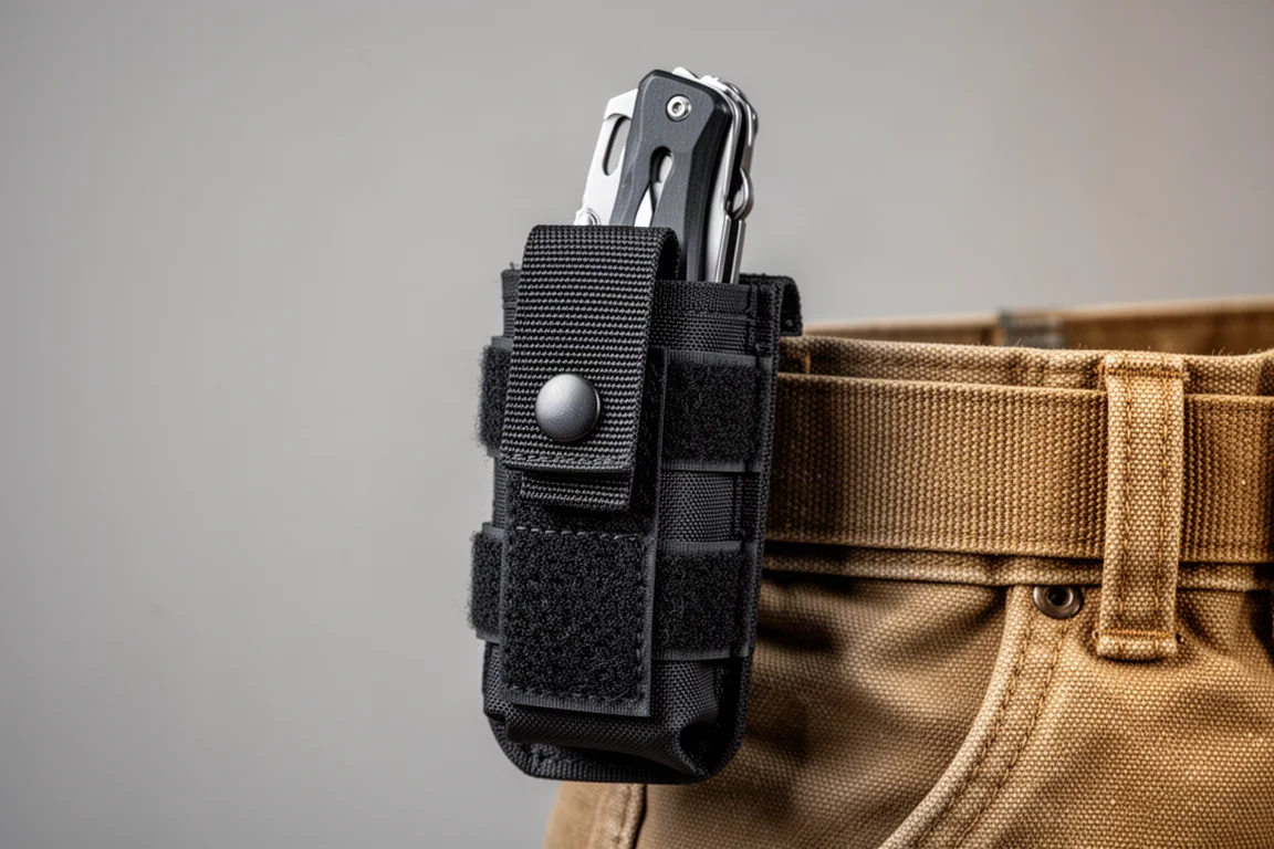 Multiverktyg i ett svart MOLLE-fodral fäst på ett arbetsbälte