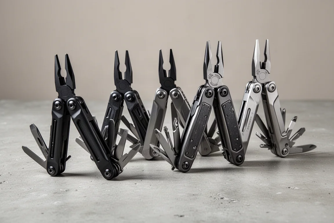 Vier Taschenmultitools teilweise geöffnet auf einer Betonoberfläche