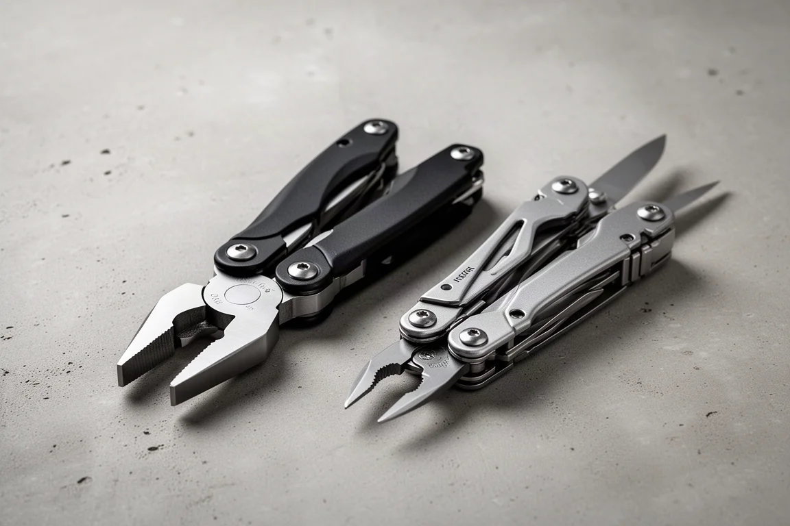 Due multi-tool pieghevoli affiancati su una superficie di cemento opaco