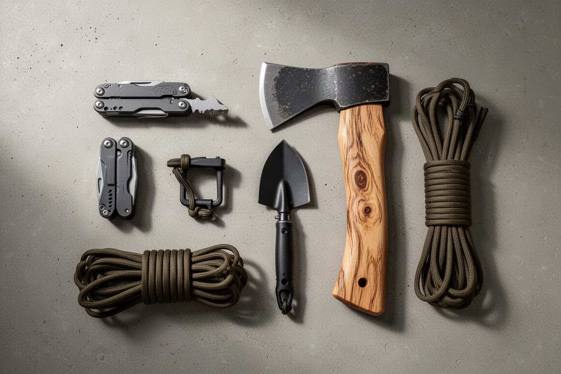 Flat lay av budget-EDC-verktyg och paracord på en betongyta