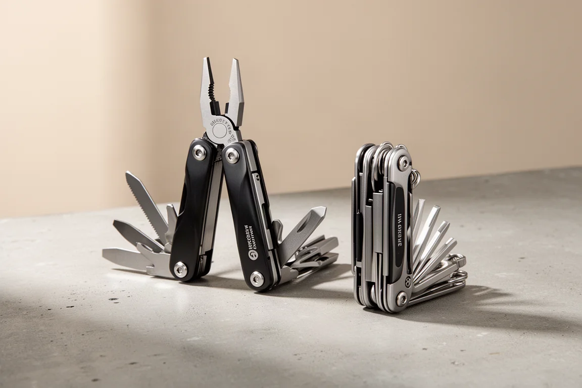 Two folding multi-tools side by side on a matte concrete surface