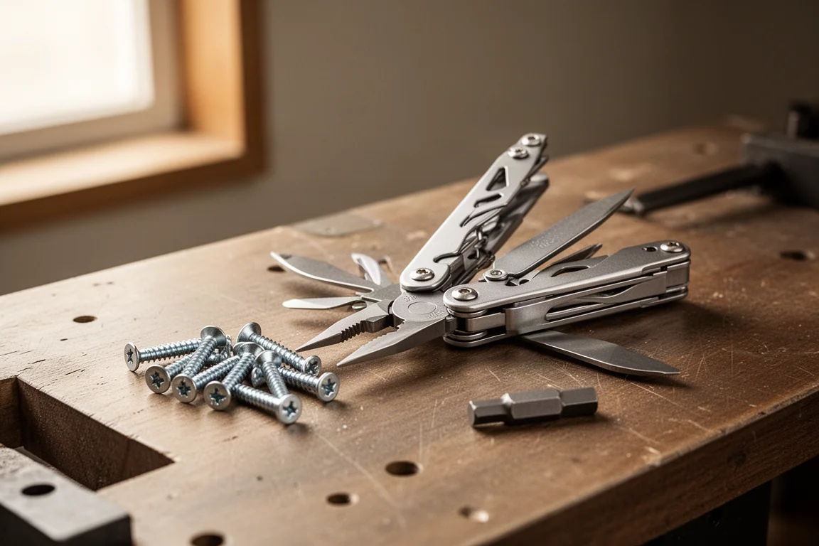 Compact folding multi-tool opened on a wooden workbench next to a small flathead tool