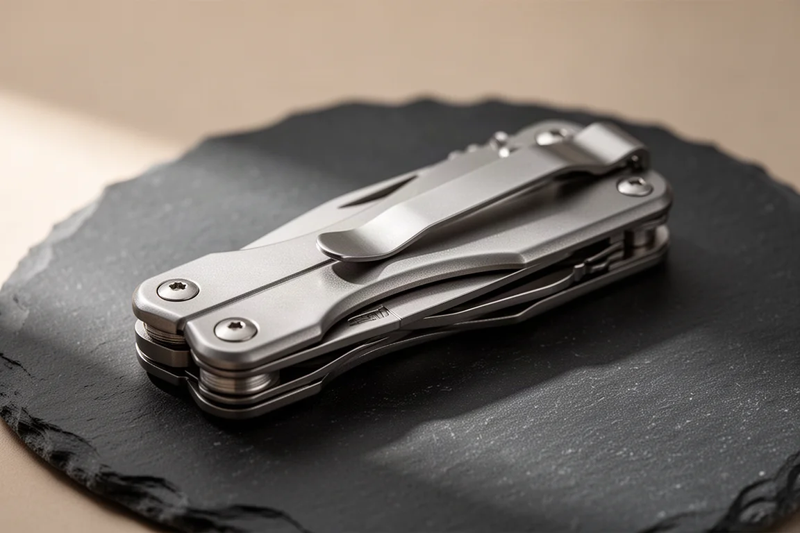 Black-coated folding multi-tool partially opened showing pliers and tool stack