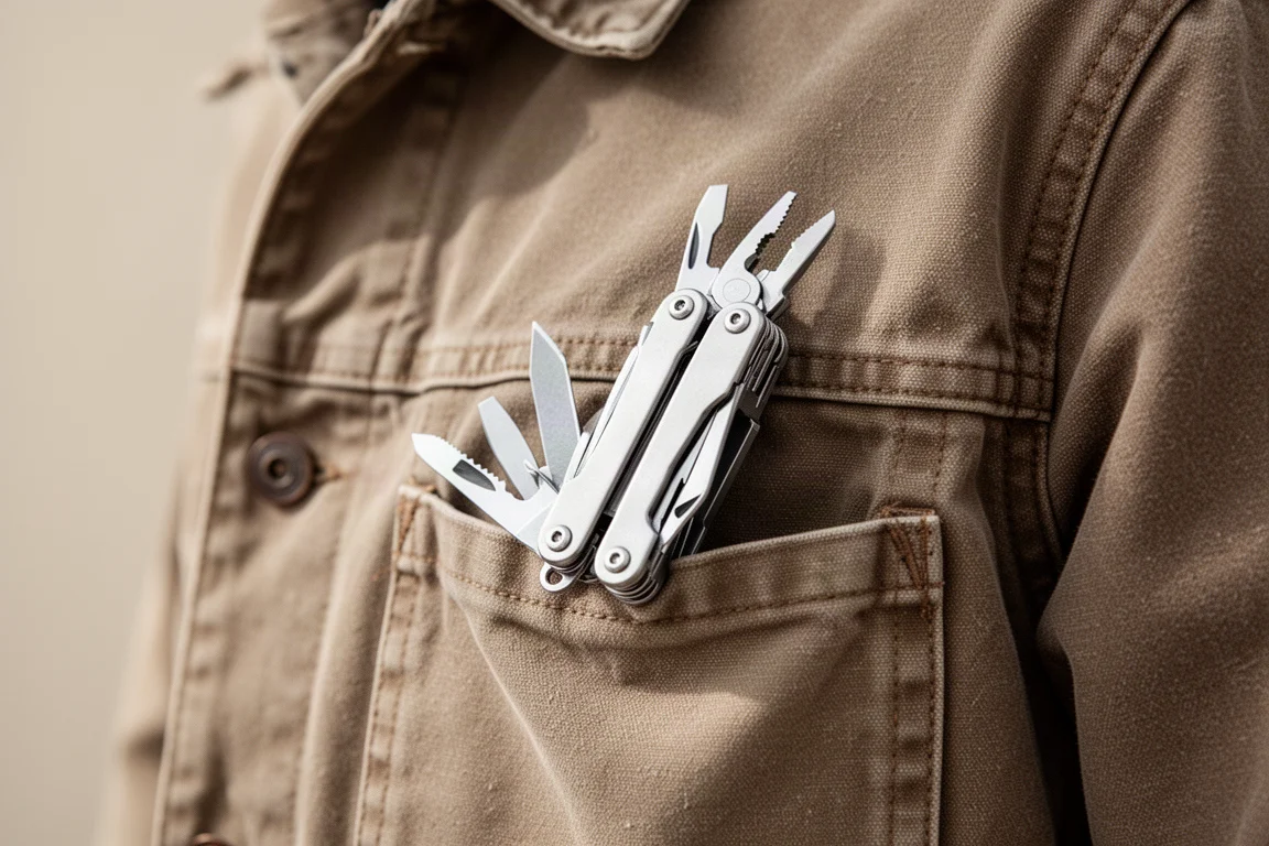 Multi-tool blade being inspected, straight edge catching soft light on a workbench
