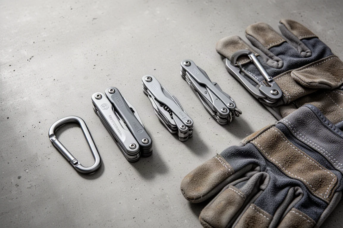 Larger multi-tool with open pliers and a spread of interchangeable bits on a desk