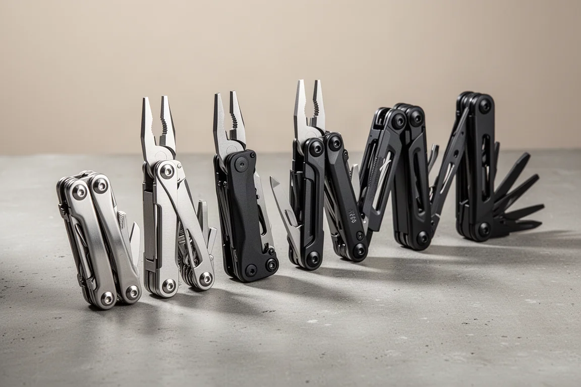 Four budget multi-tools of varying sizes arranged on a concrete surface