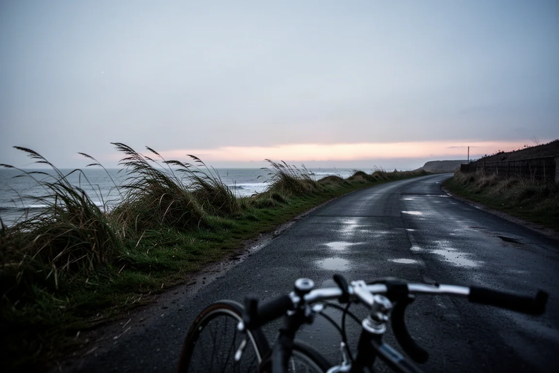 Carretera costera abierta al atardecer con hierba inclinada por el viento y una rueda de bicicleta entrando en el encuadre