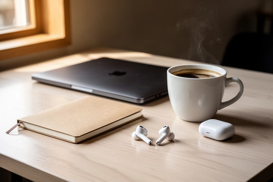 Mesa de cafetería con portátil, cuaderno, taza de café y auriculares junto a un estuche de carga