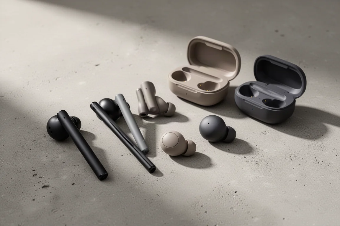 Five pairs of wireless earbuds and open charging cases arranged on a concrete surface
