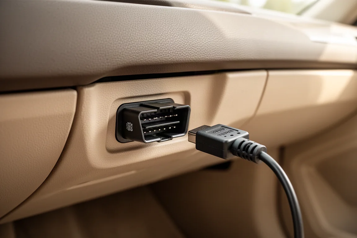 Porta diagnostica OBD2 sotto il cruscotto di un veicolo con il cavo dello scanner collegato