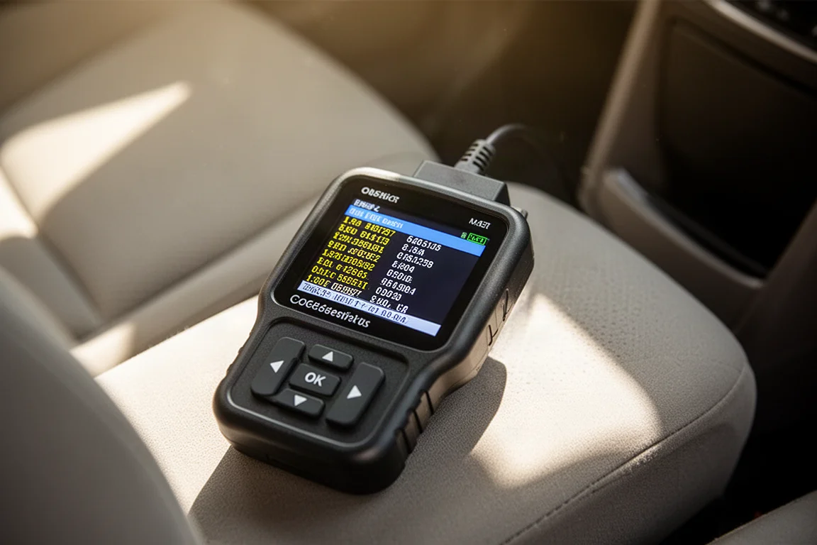 Schermo di uno scanner OBD2 portatile che mostra i codici diagnostici in piena luce diurna