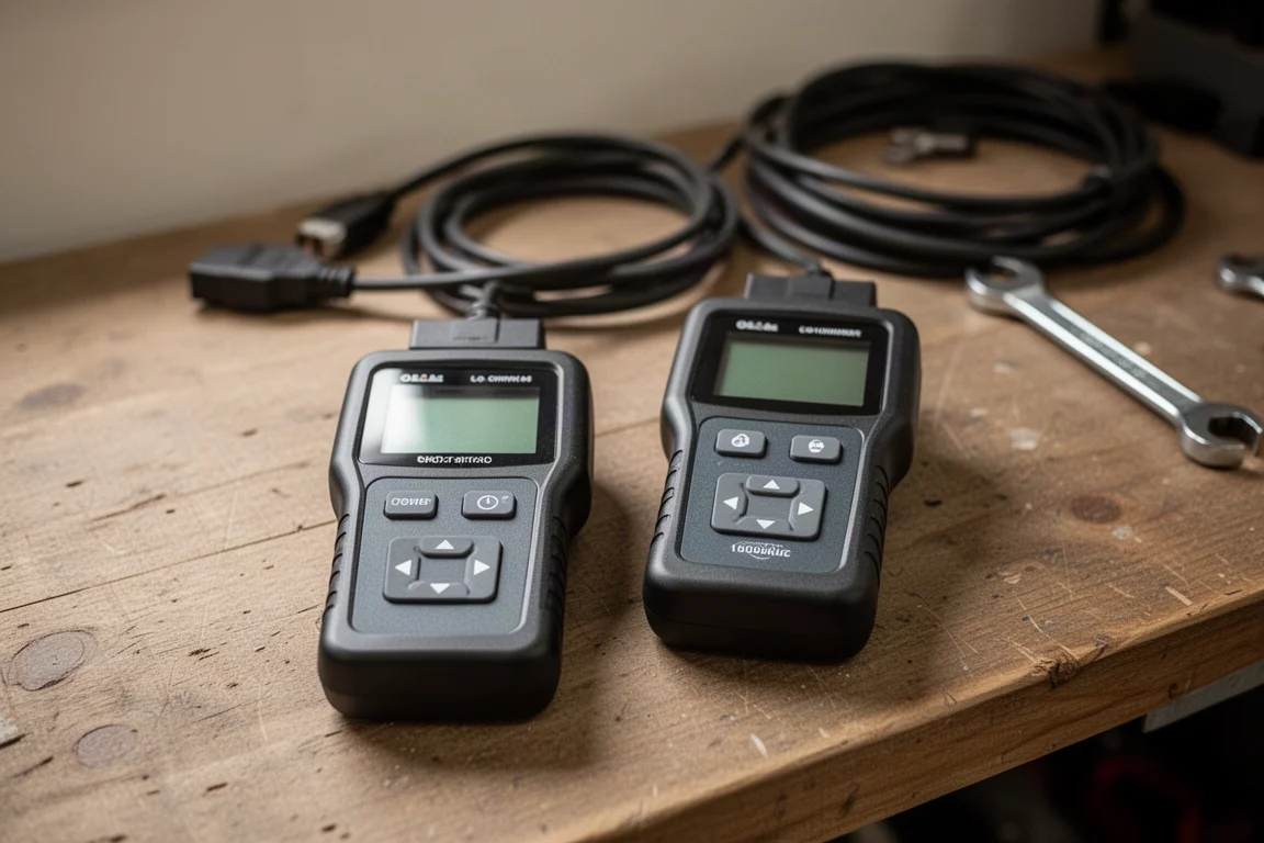 Due scanner OBD2 affiancati su un banco di lavoro in un garage domestico