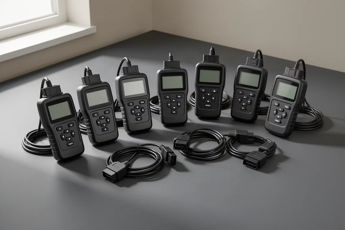 Nine handheld OBD2 code scanners arranged in a row with cables coiled