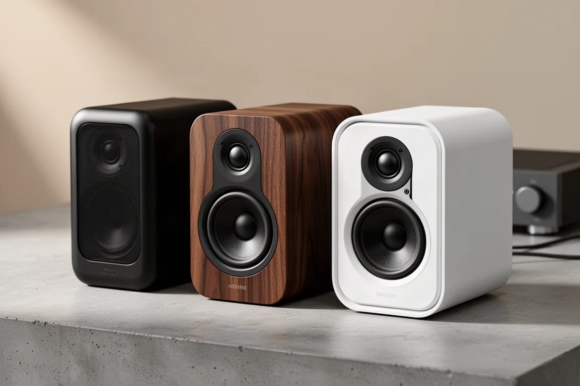 Three compact passive bookshelf speakers in different finishes arranged on a concrete surface