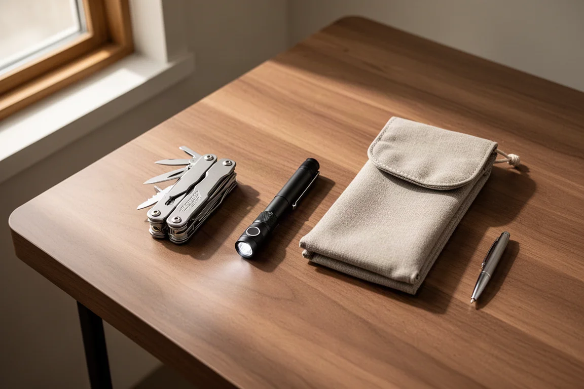 Flat lay of budget everyday carry items arranged on a wooden desk
