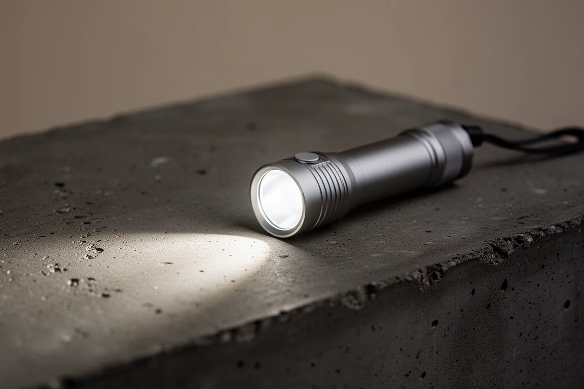Slim handheld flashlight casting a soft beam across a dark tabletop