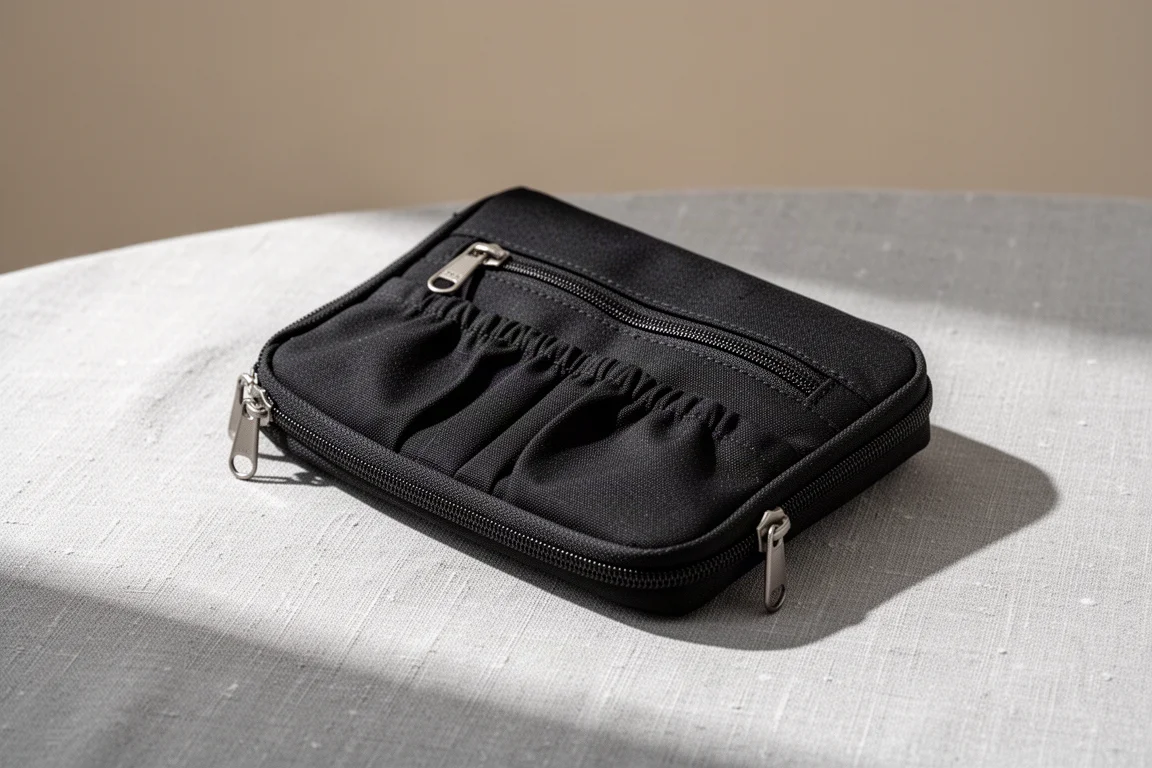 Small EDC pouch with slip pockets and zips lying open on a table