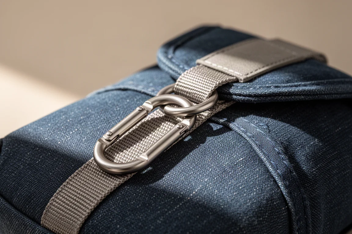 Pocket multi-tool and carabiner clipped together on denim fabric