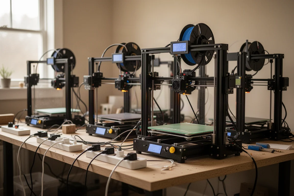 Impressoras 3D e equipamentos de oficina funcionando em um espaço industrial iluminado