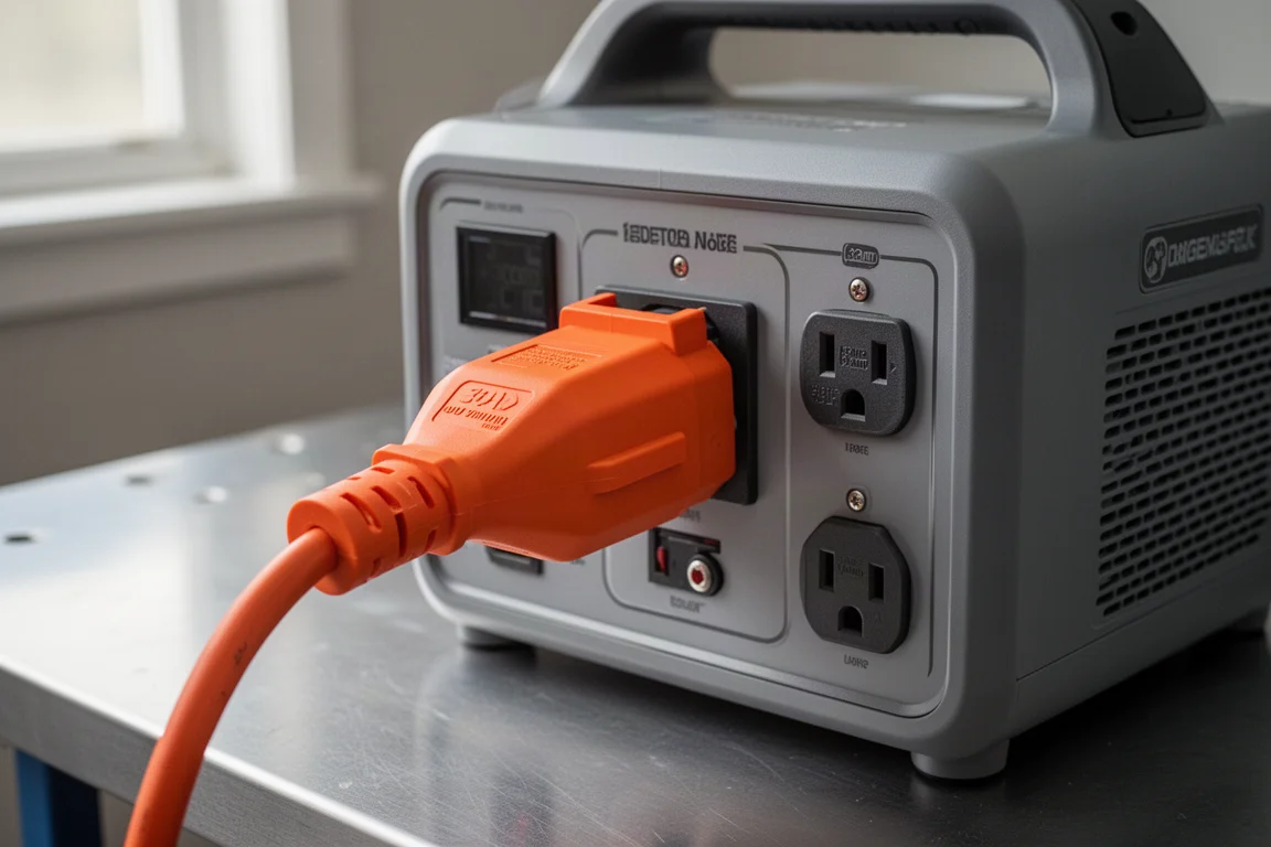 Close de um adaptador de tomada estilo RV de 30 amperes conectado a uma estação de energia