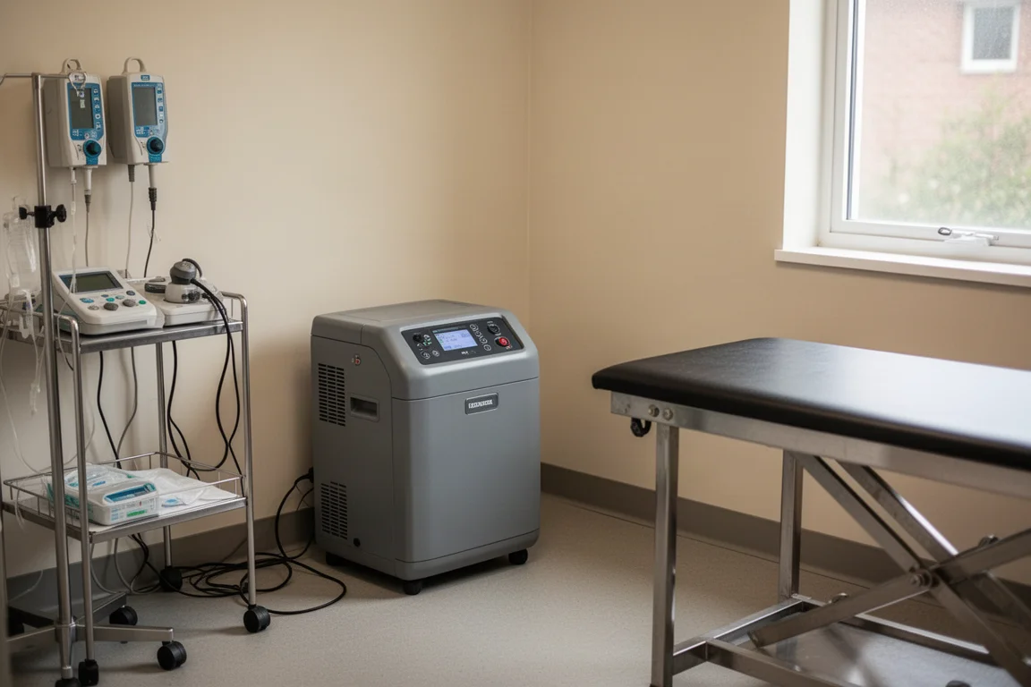 Clínica veterinária com estação de energia mantendo equipamentos funcionando