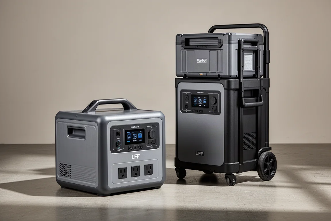 Two portable power stations, one with an expansion battery pack, on a concrete floor