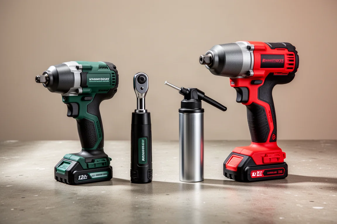 Four cordless power tools arranged on a concrete workshop surface