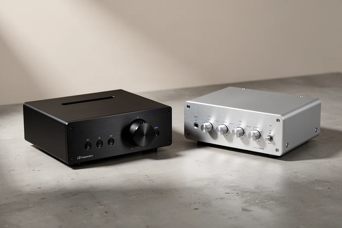 Two compact hi-fi preamplifiers side by side on a concrete surface