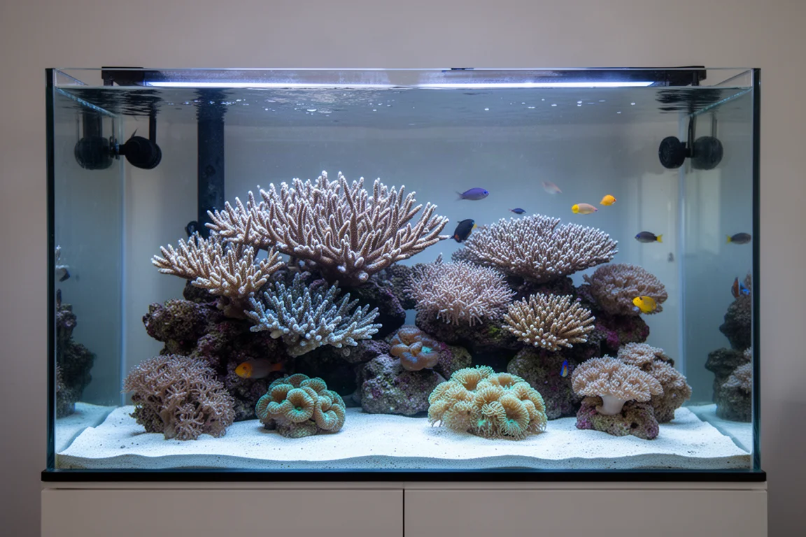 Moget revakvarium med blandade koraller under blåvitt ljus