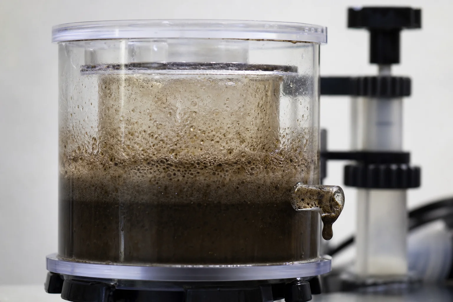 Close-up of protein skimmer collection cup with dark skimate foam