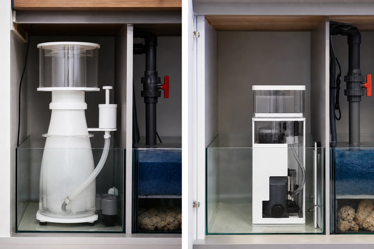 Compact and traditional protein skimmers compared in tight sump space