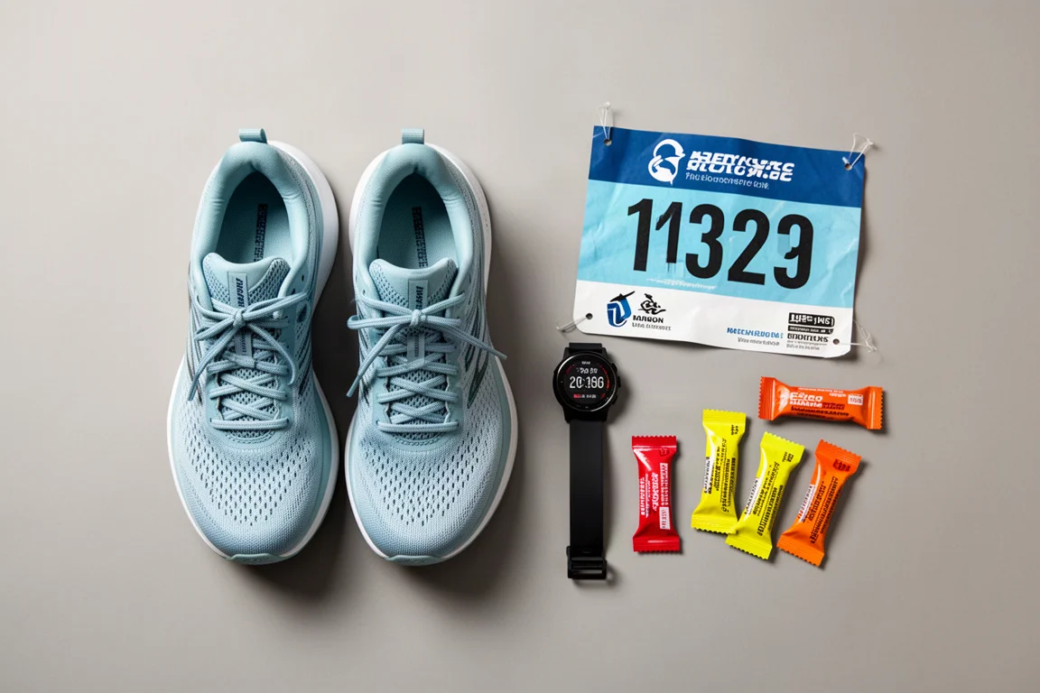 Draufsicht auf leichte Laufschuhe und Wettkampfausrüstung auf neutraler Fläche
