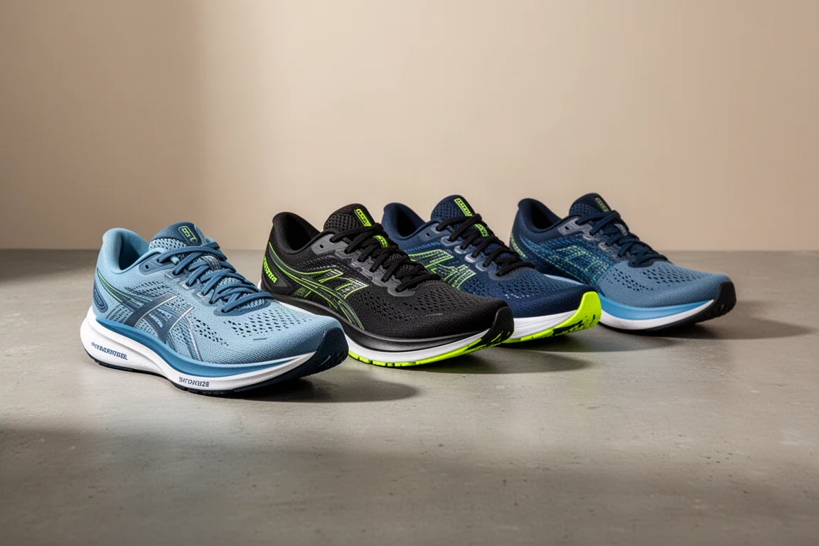 Quattro scarpe da corsa leggere allineate su una superficie di cemento