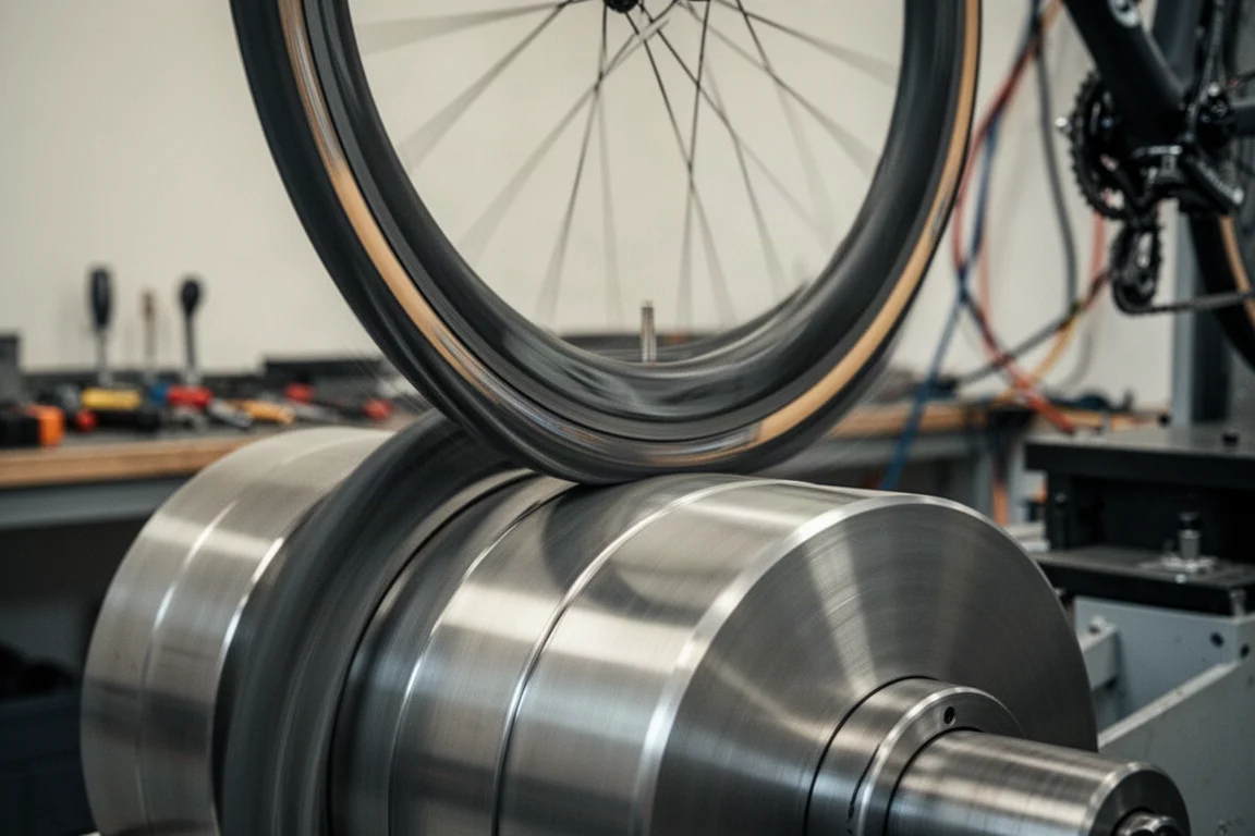 Racefietsband gemonteerd op een metalen testtrommel onder belasting in een testwerkplaats