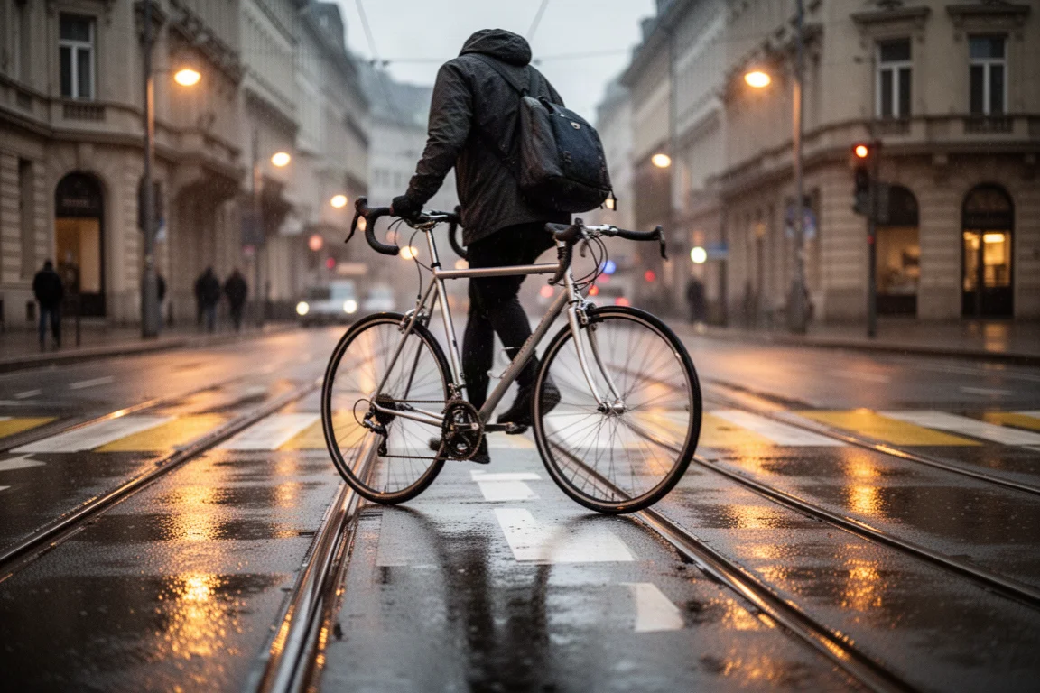 Woon-werkforens op de fiets door een natte stad in het vroege ochtendlicht