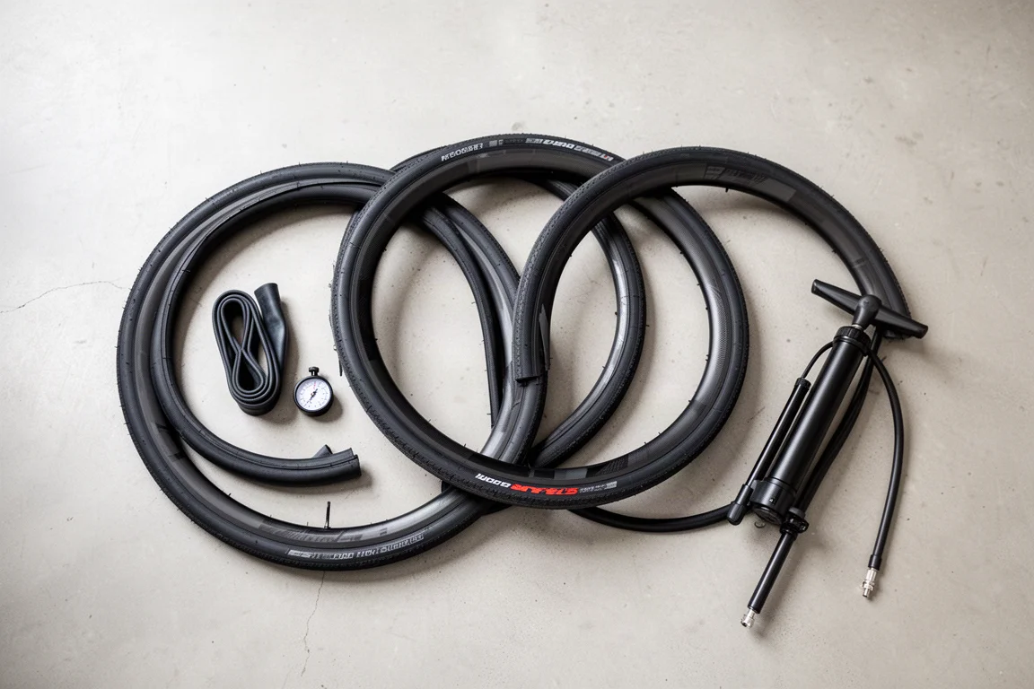 Flat lay van racefietsbanden, binnenbanden en een vloerpomp op beton