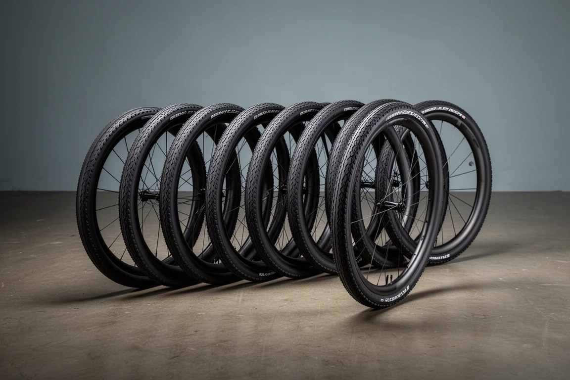 Nine black 25c road bike tires arranged in an arc on a concrete floor
