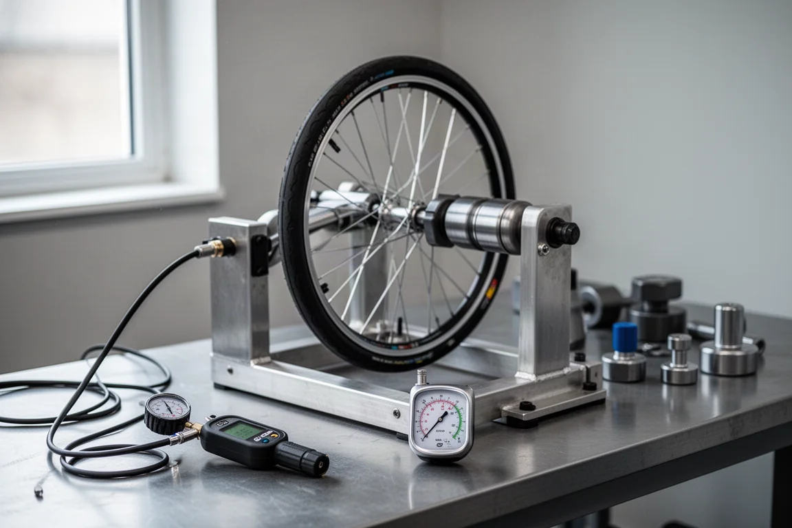Ruota di bicicletta montata su un telaio per test di resistenza al rotolamento su un banco da officina