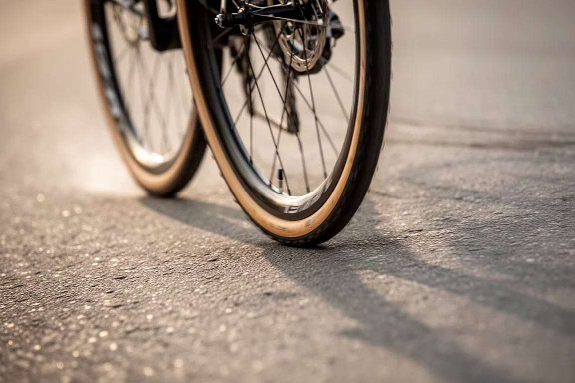 Pneumatico da bici da strada in piega su asfalto asciutto