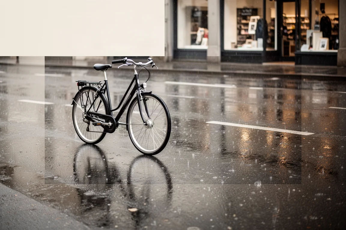 Bicicletta da pendolare che rotola su una strada cittadina bagnata dopo la pioggia