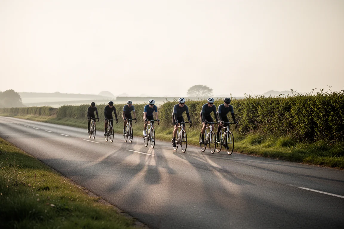 Groupe de cyclistes sur des vélos de route en aluminium sur une route ouverte et tranquille dans une douce lumière matinale