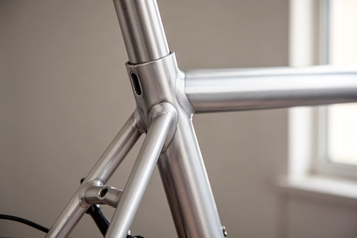 Gros plan sur la jonction du cadre d'un vélo de route montrant des tubes en aluminium aux soudures lisses