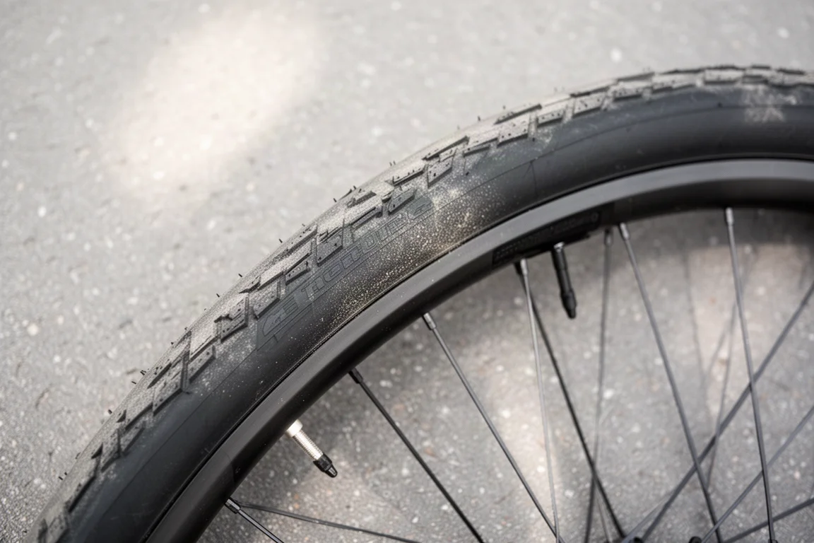 Pneu large de vélo de route et jante vus de dessus sur un bitume lisse
