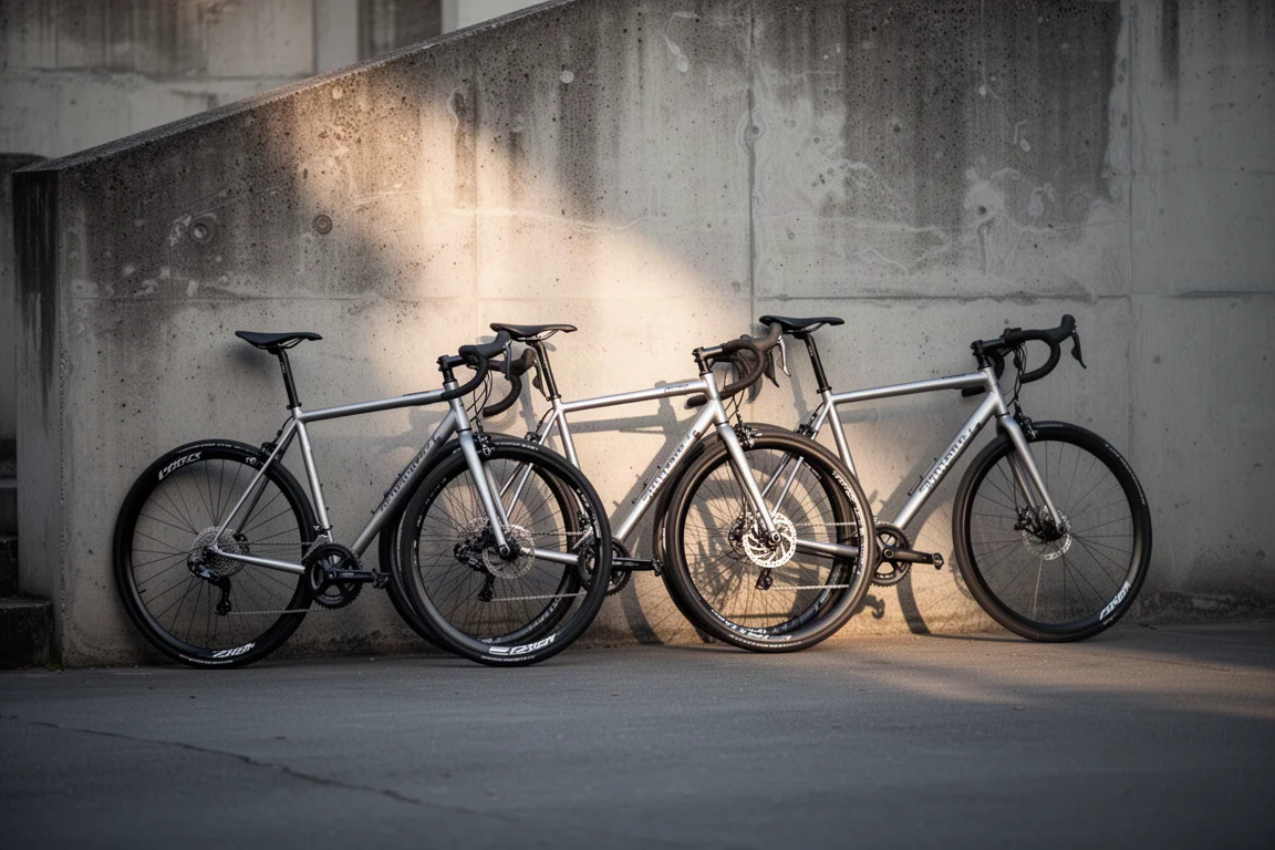 Trois vélos de route en aluminium appuyés contre un mur de béton dans une lumière matinale douce