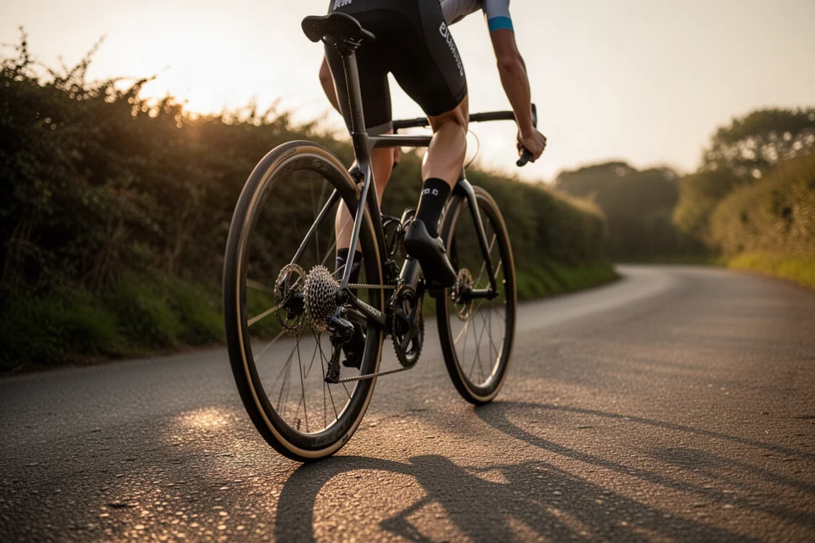 Cycliste sur route grimpant une ruelle goudronnée raide à l'heure dorée, vu de dos