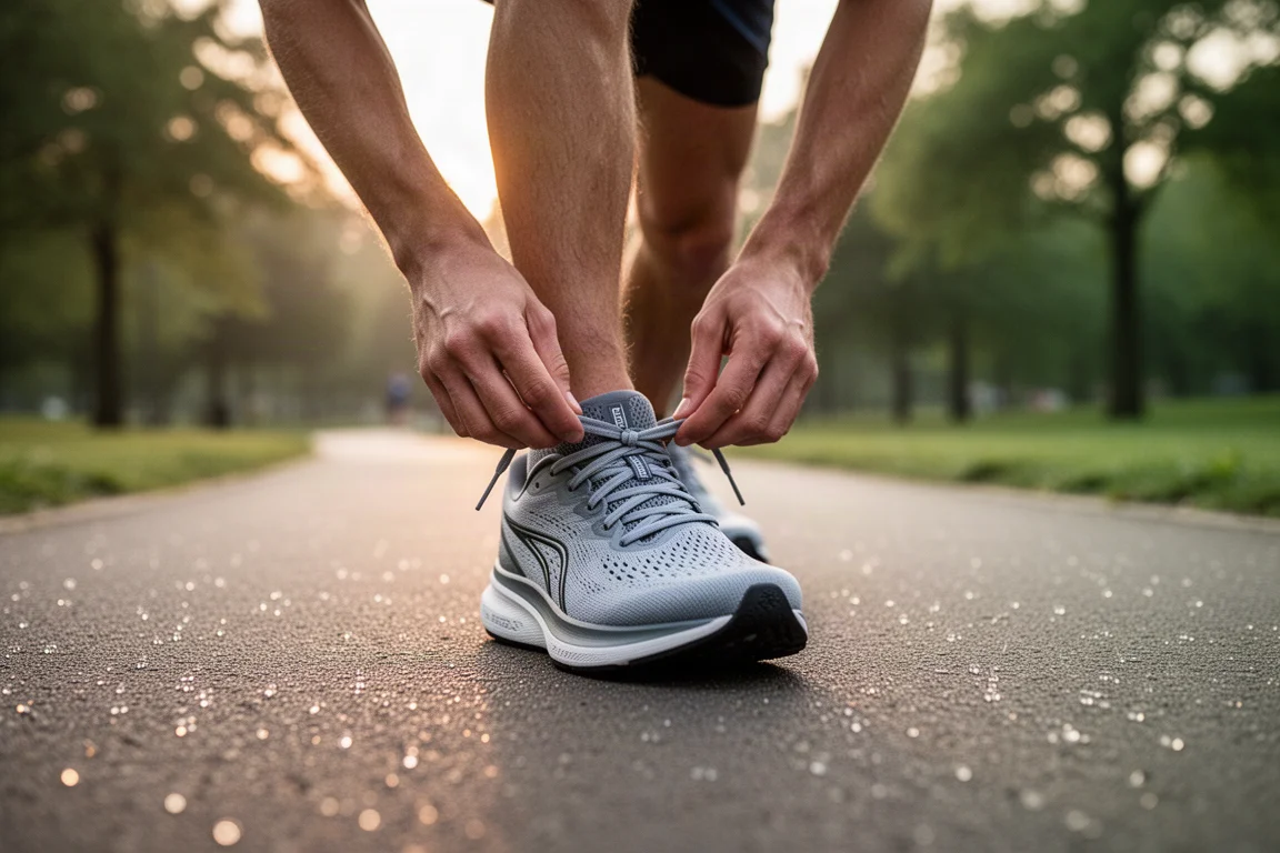 Runner tying laces on a running shoe beside a park path in morning light
