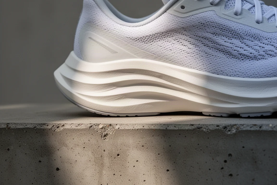 Close-up of a lightweight running shoe midsole showing layered foam construction